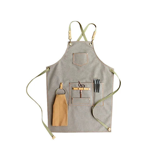 Han style canvas apron with cross-strap back in camel, light grey, or dark grey