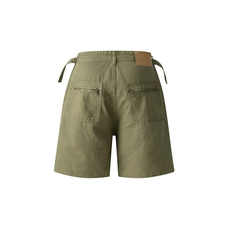 Retro-style workwear shorts with zipper and half elastic waistband in washed cotton fabric