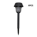 Solar-powered outdoor mosquito killer lamp with white and purple LED lights, IP65 rated for garden use.