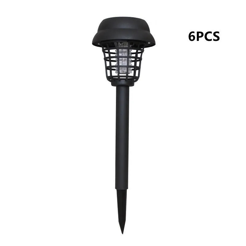 Solar-powered outdoor mosquito killer lamp with white and purple LED lights, IP65 rated for garden use.