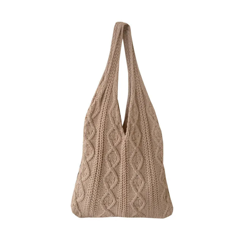 Retro hollow-knitted polyester shoulder tote bag in grass green, showing double straps and textured crochet design.