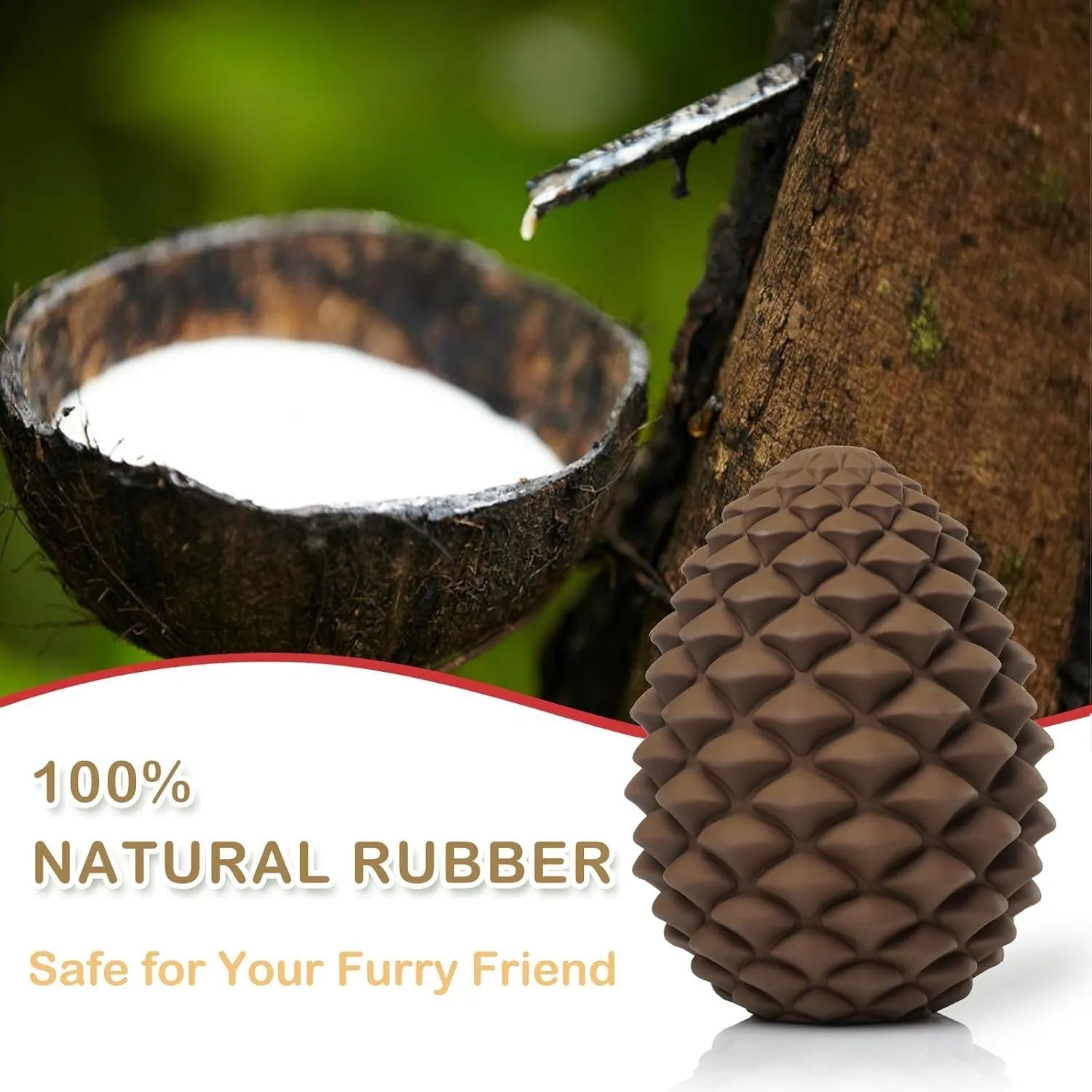 Yellow pine cone shaped natural rubber dog chew toy with treat dispenser hole