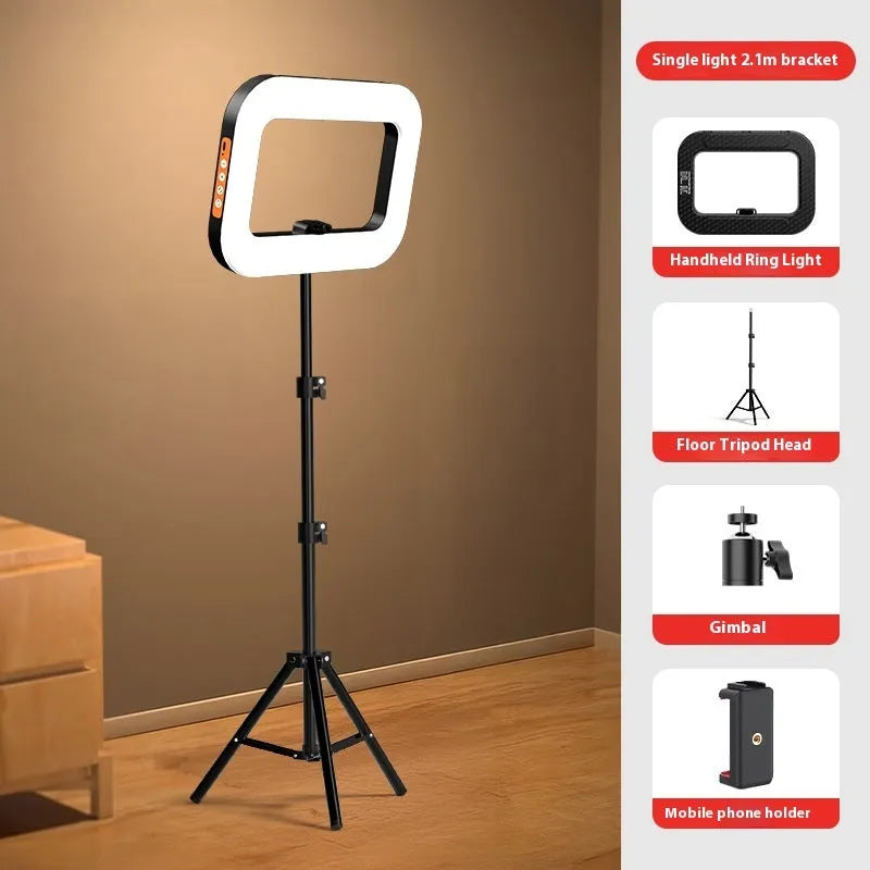 Mobile phone fill-in light kit with adjustable colour temperature display and metallic desktop bracket