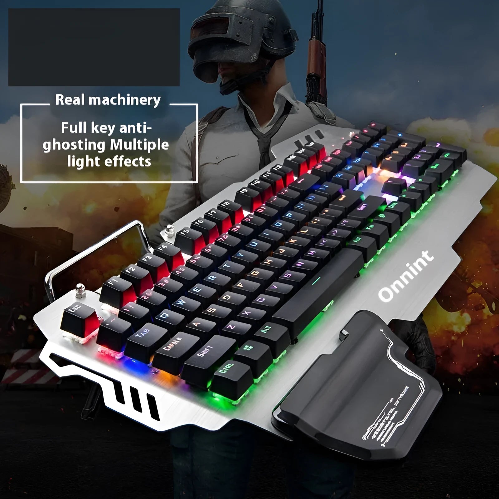 Silver Green Axis mechanical gaming keyboard with metal panel and detachable wrist splint.