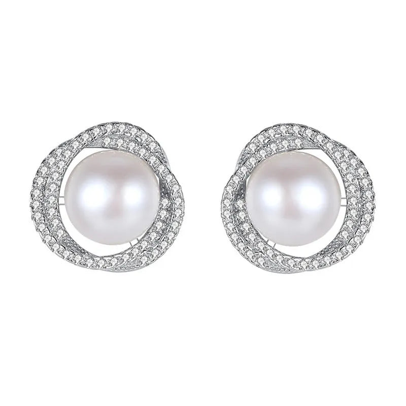 Diamond Rose Pearl Stud Earrings with Rhinestone Inlay Copper Silver Needle Geometric Korean Style White Gold