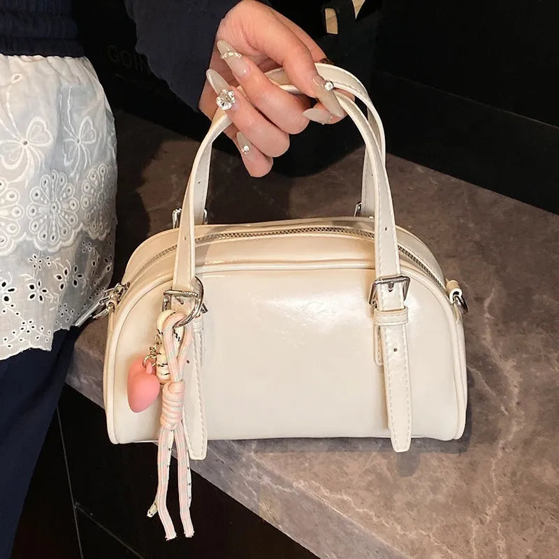 Korean style shell-shaped small square women's shoulder bag in soft PU material with pendant option