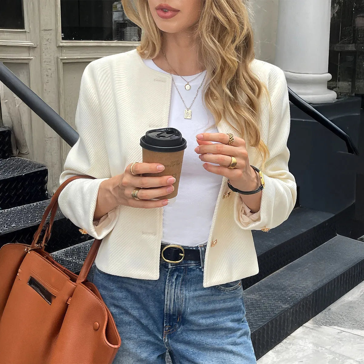 Women's apricot solid colour long sleeve cardigan shirt jacket in polyester, sizes S M L XL