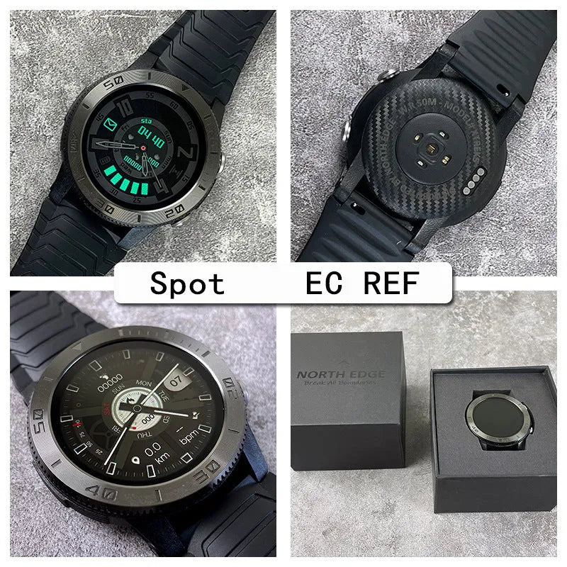 Black 48mm smart watch with GPS, heart rate, stress and compass, 22mm band and ABS alloy dial