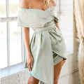 Women's off-shoulder strapless dress with high waist and patchwork midi skirt in matcha green