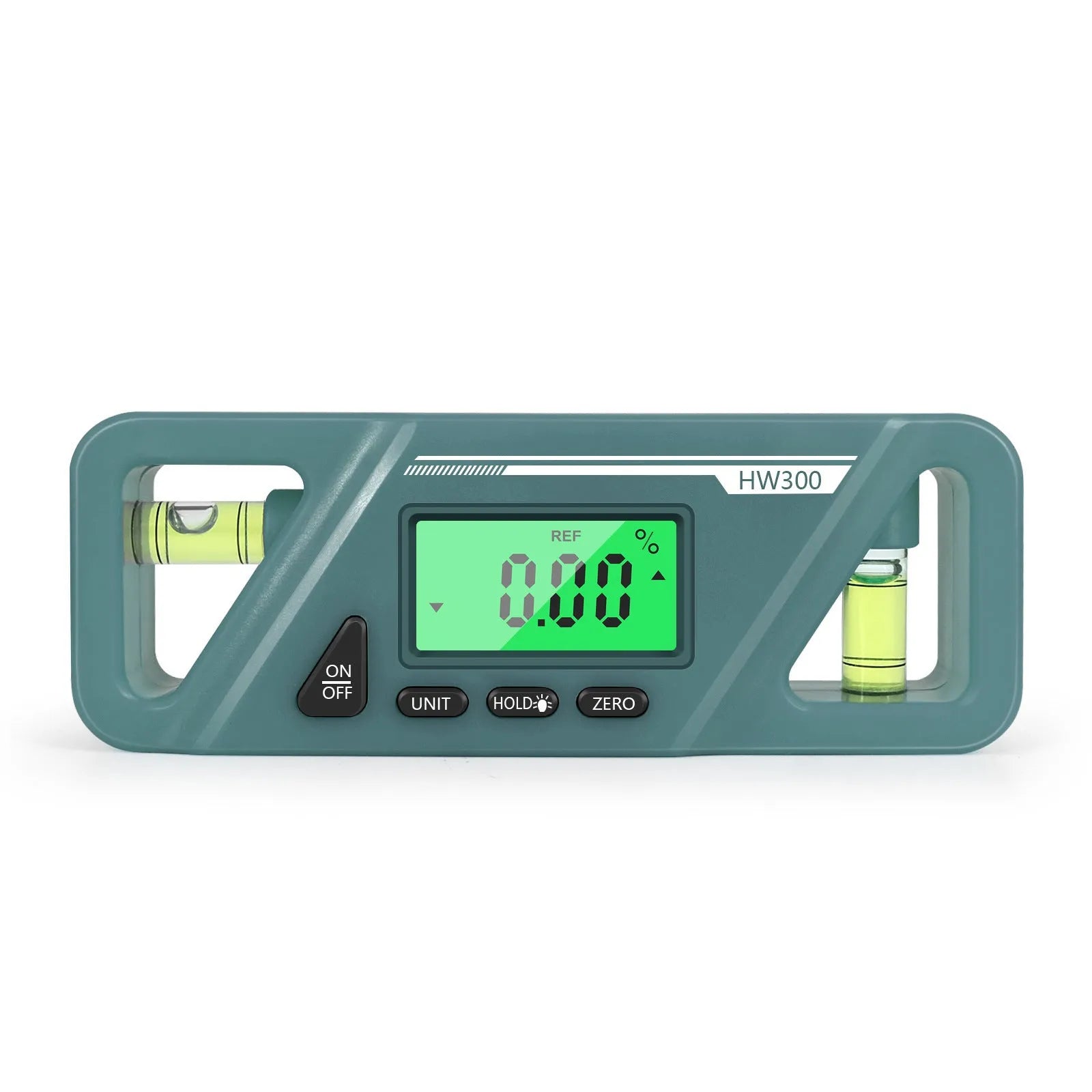 HW300 digital inclinometer level meter with magnetic base and LCD display showing angle measurement.