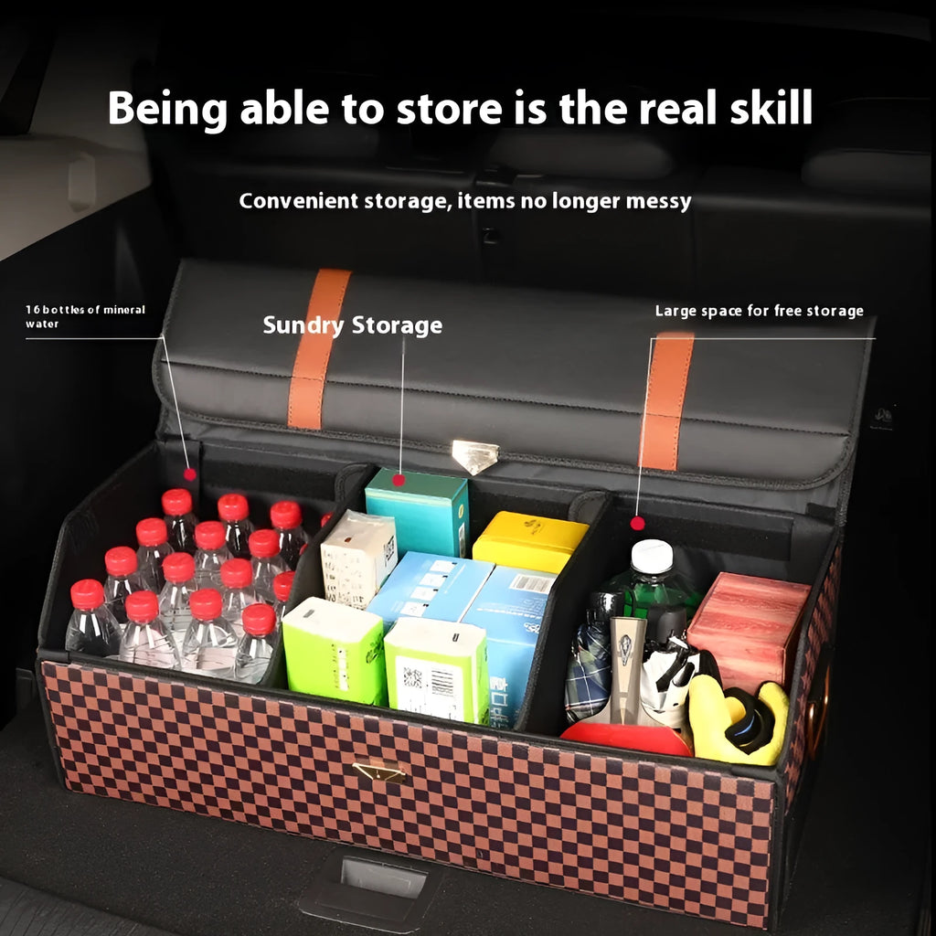 Foldable leather car storage box with waterproof finish, Extra Large option, shown in black colour
