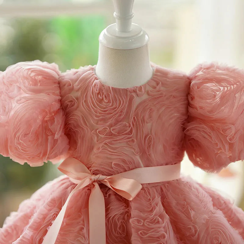 Children's girls' bean pink polyester pettiskirt birthday dress with lining, side view
