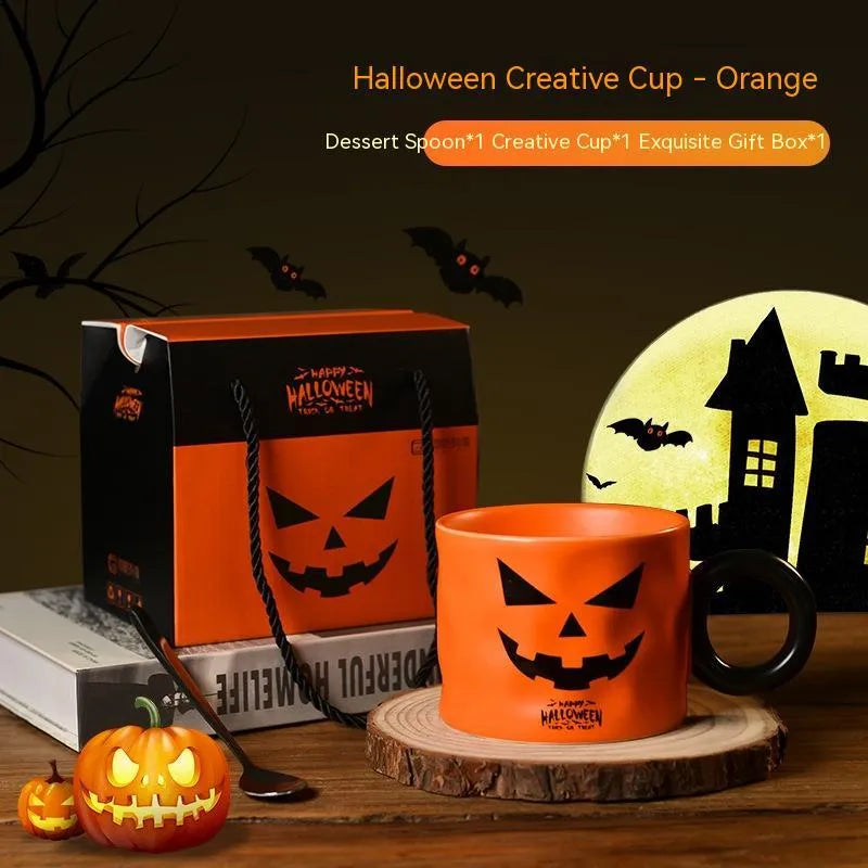 Orange ceramic Halloween pumpkin mug with handle and gift box.
