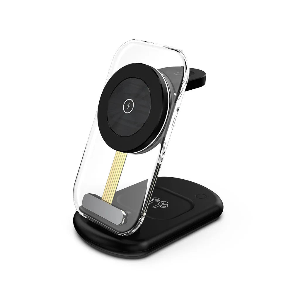 Transparent folding 3-in-1 wireless charger with phone, watch, and earbuds charging simultaneously, showing internal coils.