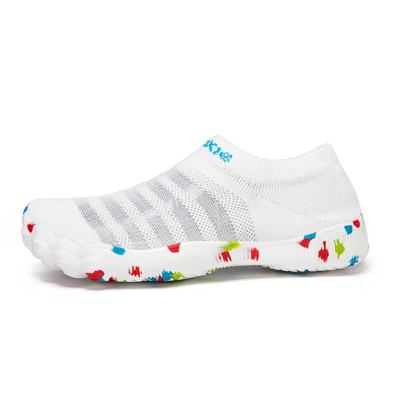 Men's camouflage Flyknit water shoes with a flat rubber sole and lace-up front.