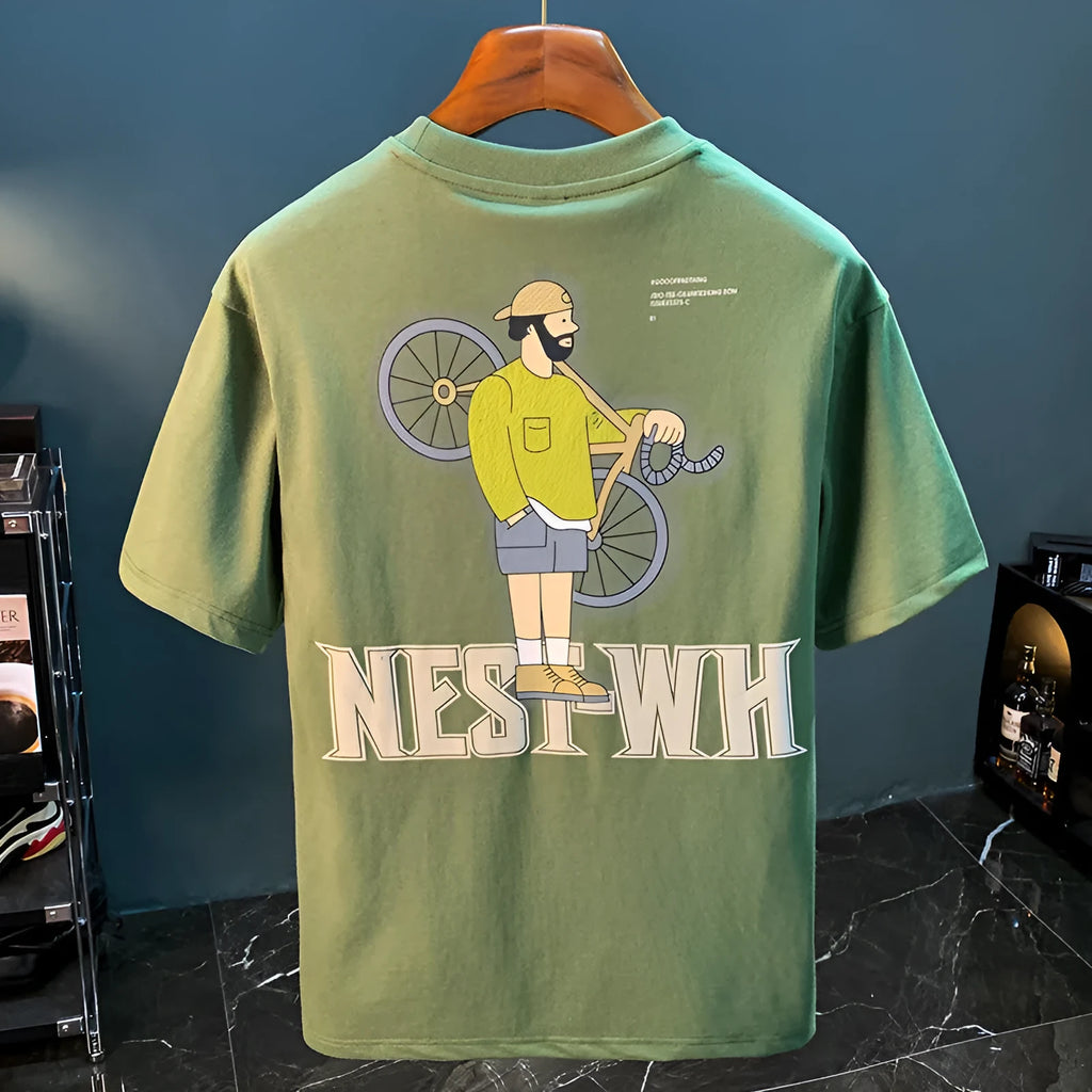 Green men's t-shirt with literary youth print, loose fit short sleeve design