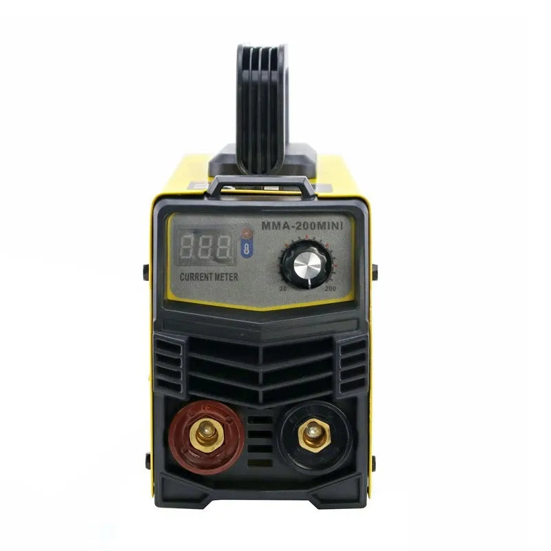MMA-200MIN small black DC inverter welding machine with red welding tongs, clamp, and face shield on a workbench.