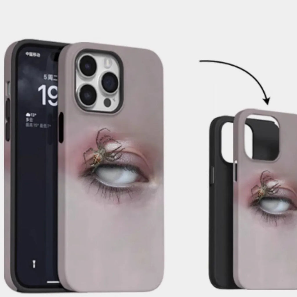 Dark heterochromatic spider pattern iPhone 16 Pro Max case with frosted resin shell