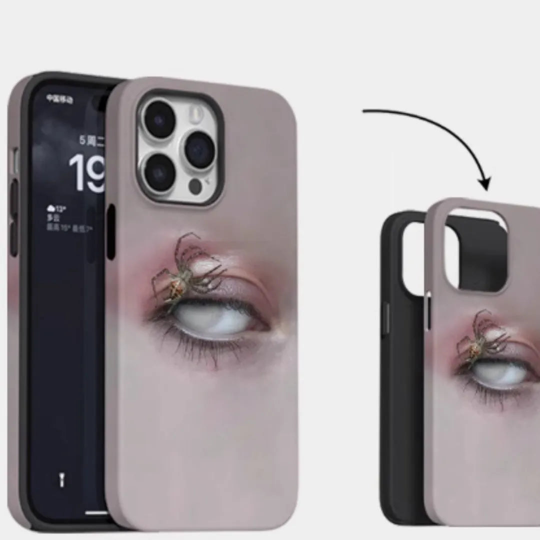 Dark heterochromatic spider pattern iPhone 16 Pro Max case with frosted resin shell