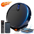 Black or white automatic sweeping robot vacuum cleaner with remote control on hardwood floor.