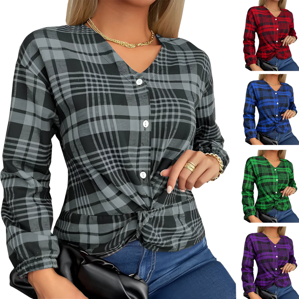 Women's loose fit plaid casual shirt in purple, grey, or red polyester fabric