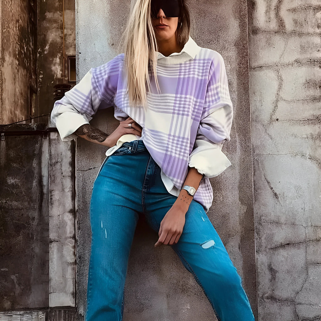 Lilac plaid print loose women's sweater with ribbed trim on long sleeves.