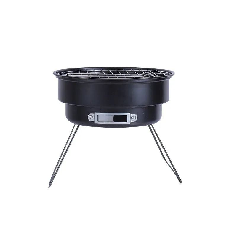 Small round folding charcoal barbecue grill stove with detachable leg and mesh, packed in a carry bag.