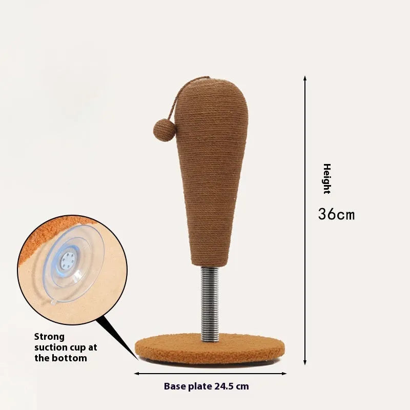 Cat scratch board with hemp rope surface shown with a cat grasping ball accessory