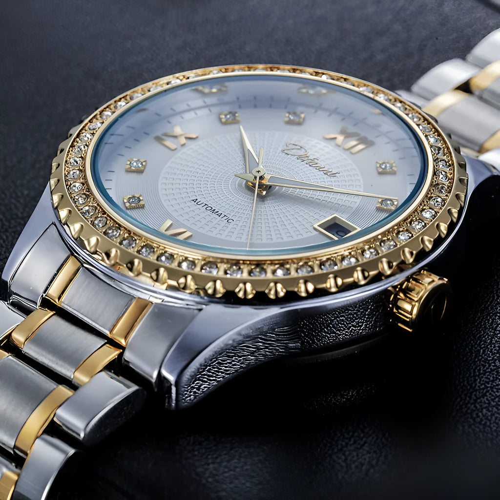 Fashionmonger men's gold and silver automatic watch with luminous hands on black and white dials.