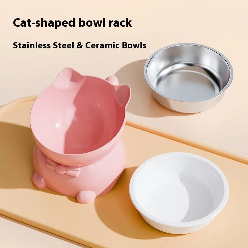 Stainless steel cat bowl with a slanted black base, showing its wide, shallow food dish.