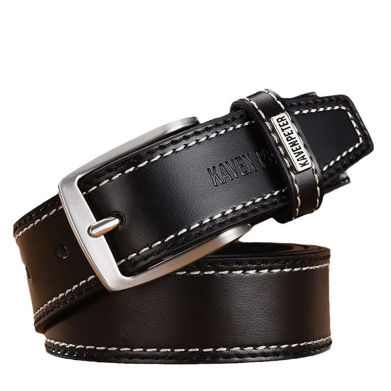 Men's genuine cowhide leather belt with alloy pin buckle in black colour