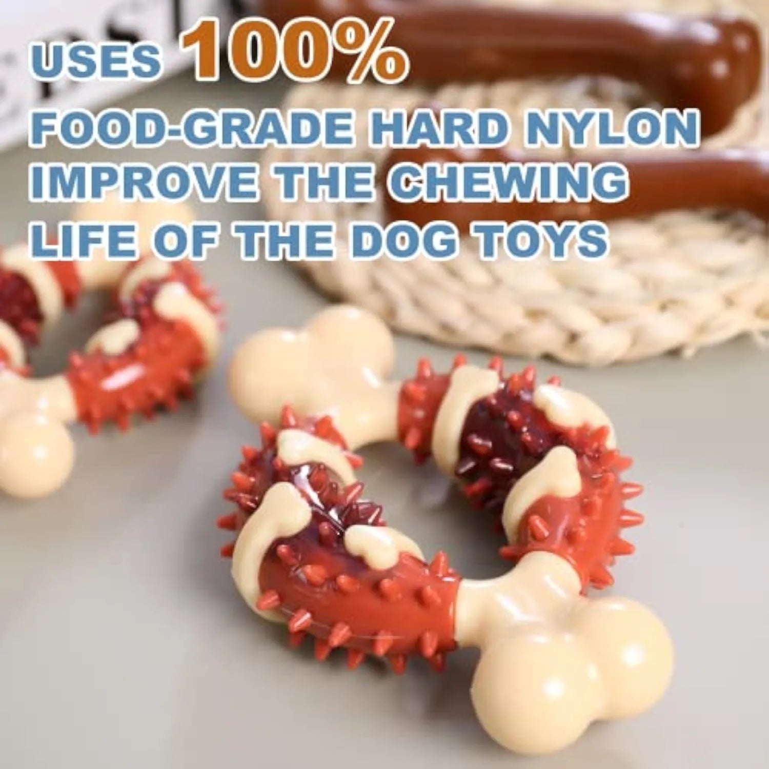 Natural rubber bone-shaped dog molar toy shown in two different sizes for teeth grinding and anxiety relief.