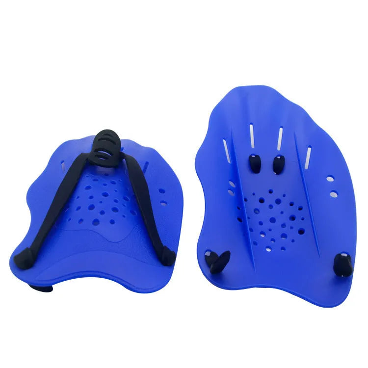 Pair of black plastic webbed swimming training paddles for freestyle stroke technique and strength development