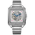Men's square automatic watch with diamond studs on a black steel strap.