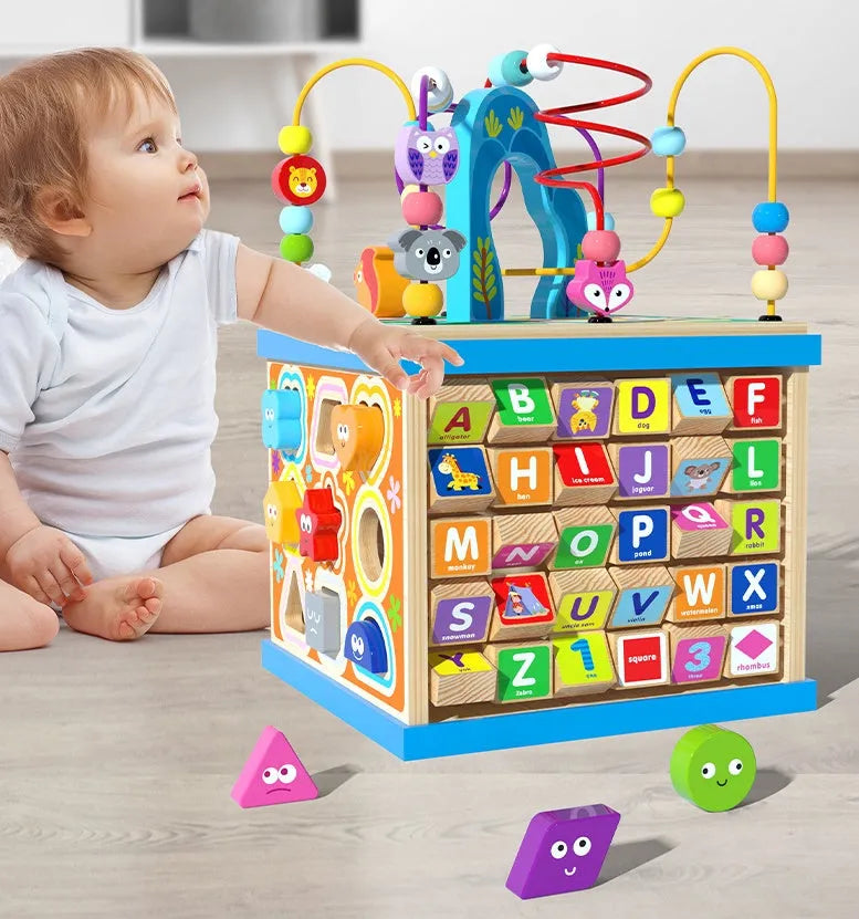 Blue wooden bead treasure box toy with multifunctional scenes for baby development