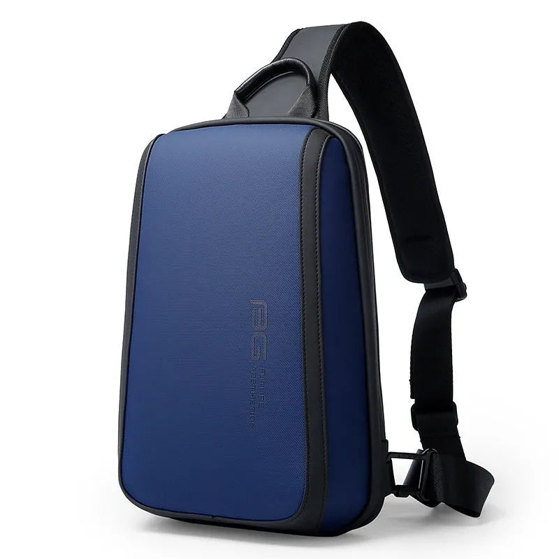Blue Oxford cloth men's chest bag with two shoulder straps and a soft handle