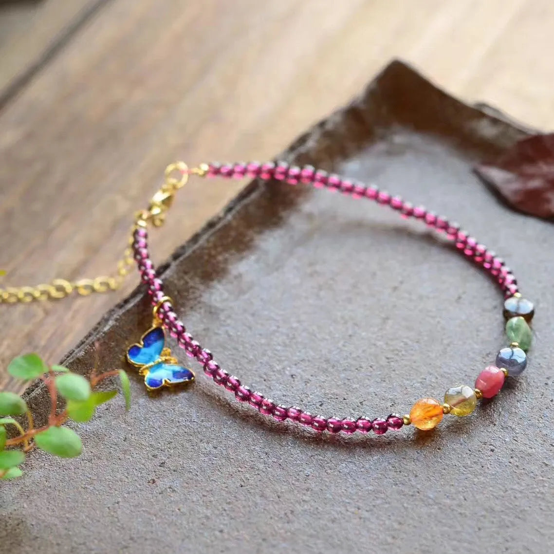 Purple garnet geometric ethnic style women's anklet with adjustable length
