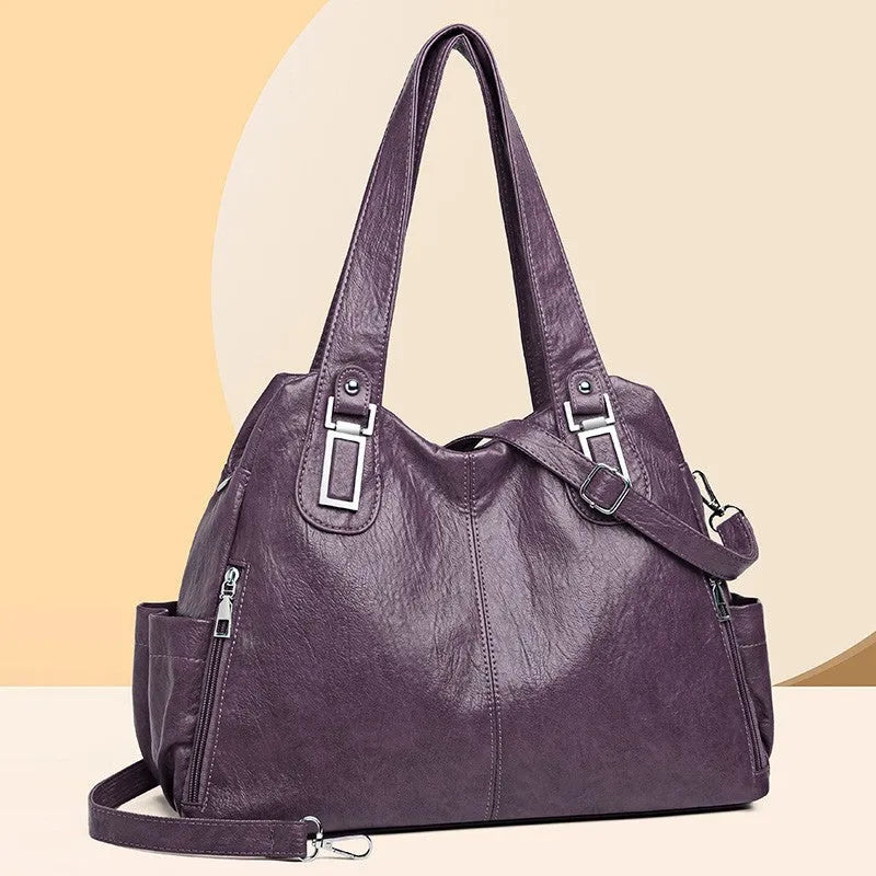 Women's soft PU square tote bag with single shoulder strap in six colour options showing internal zipper compartment