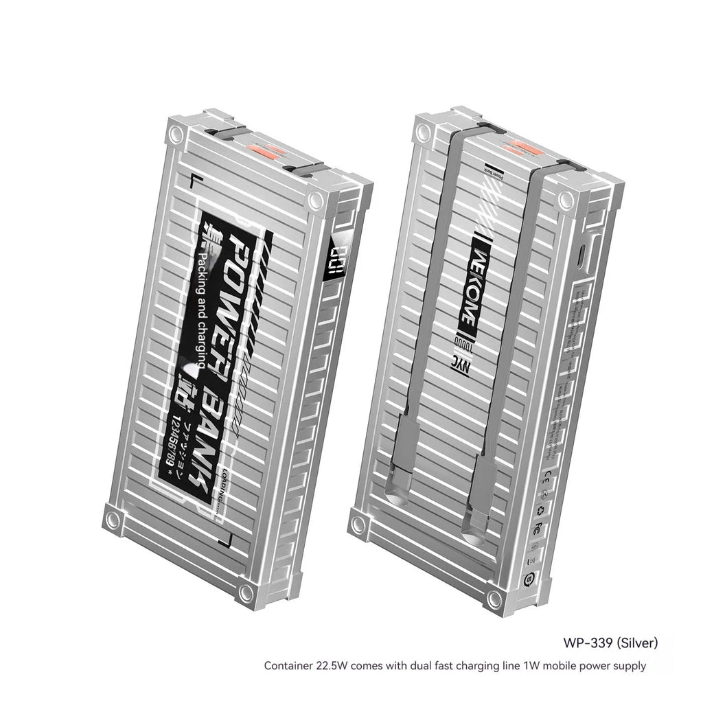 Cable container power bank in silver or yellow, 10000mAh and 20000mAh options, ABS+PC shell