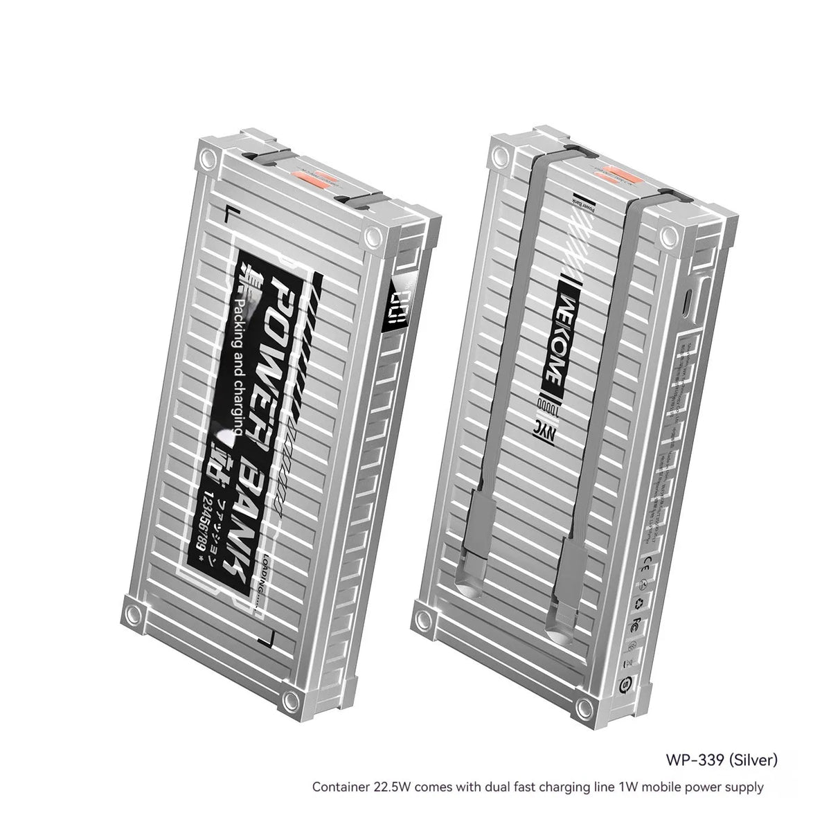 Cable container power bank in silver or yellow, 10000mAh and 20000mAh options, ABS+PC shell