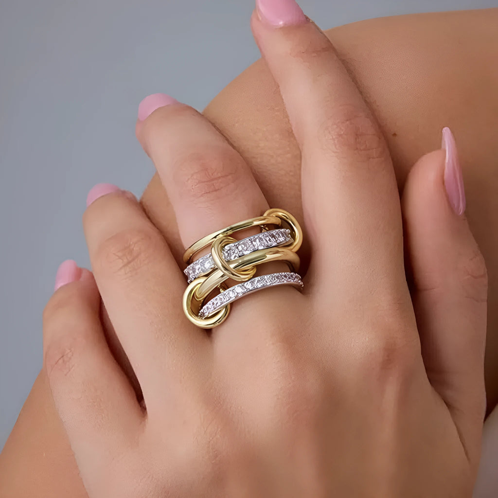 Multi-layer diamond ring in four-layer silver, handmade from copper and zirconia, sizes 5-11