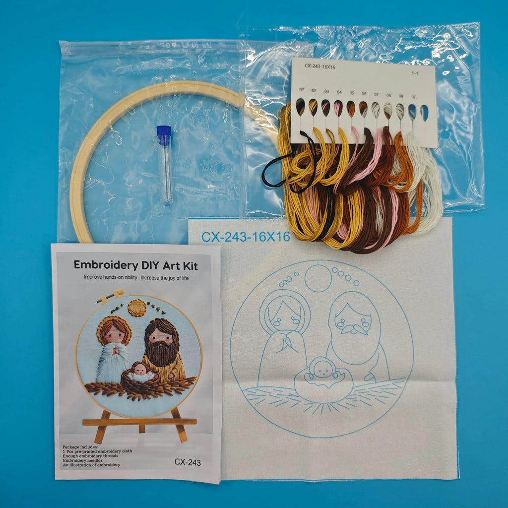 Vintage embroidery DIY material kit with 24cm x 24cm cotton linen cloth, Jesus cross landscape pattern and tools