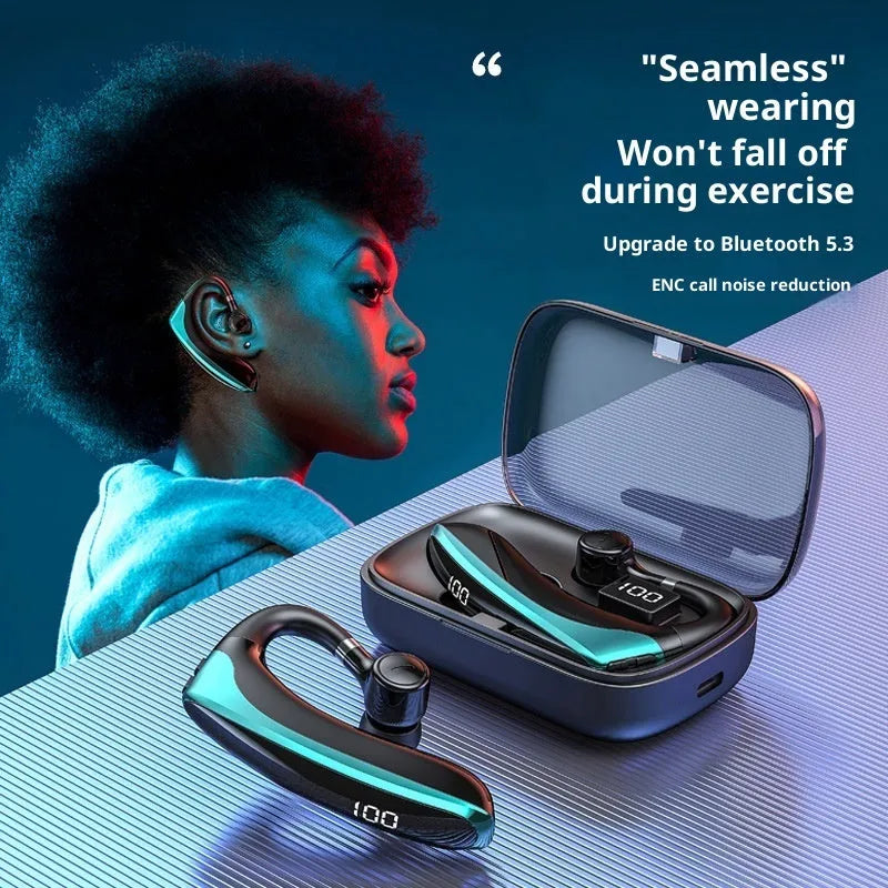 Digital display ear-mounted single-ear bone conduction sports Bluetooth headset, high-gloss black with fluorescent green accents