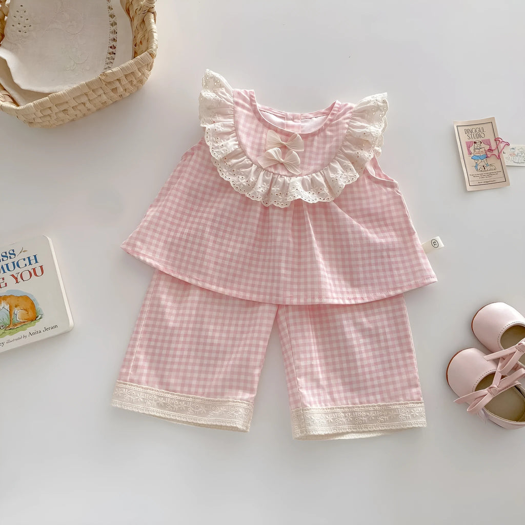Girls cherry pink plaid cotton bowknot doll shirt and wide leg pants two-piece set