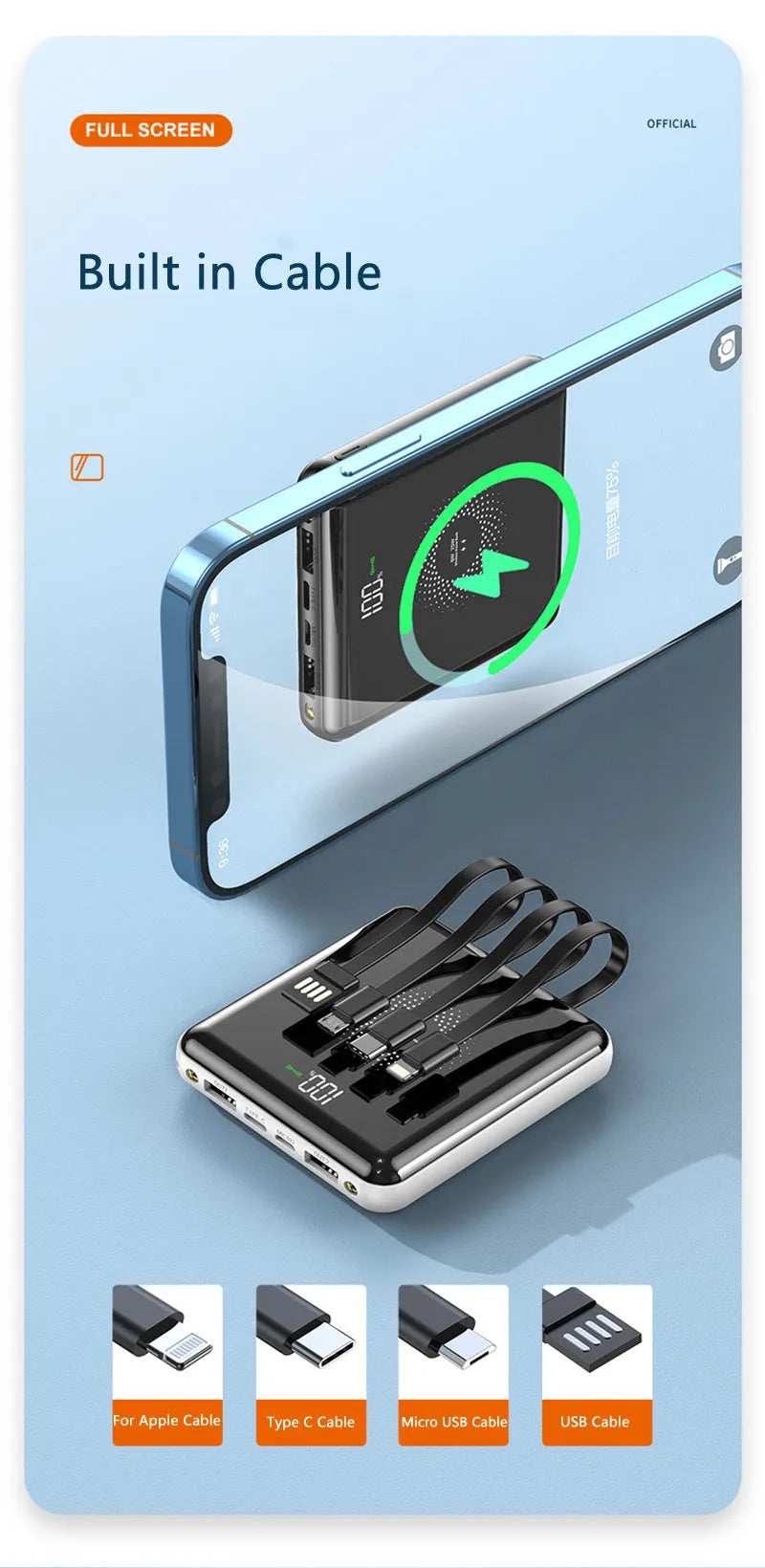 20000mAh PD20W mini power bank in black, green, or red, showing LCD display and compact 84mm size
