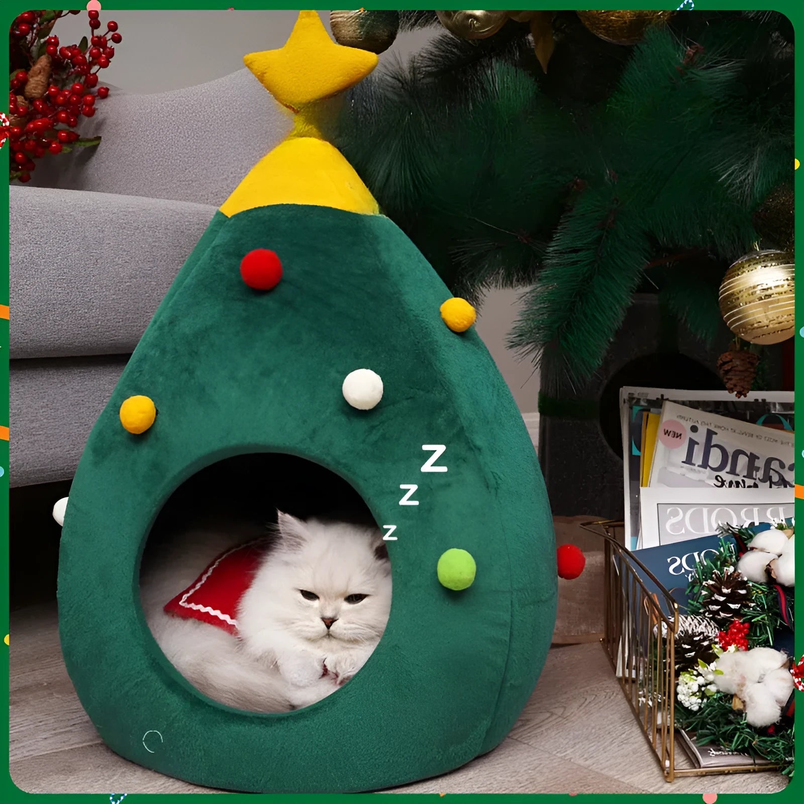 Red Christmas tree shaped cave pet bed with plush interior for a cat or small dog.