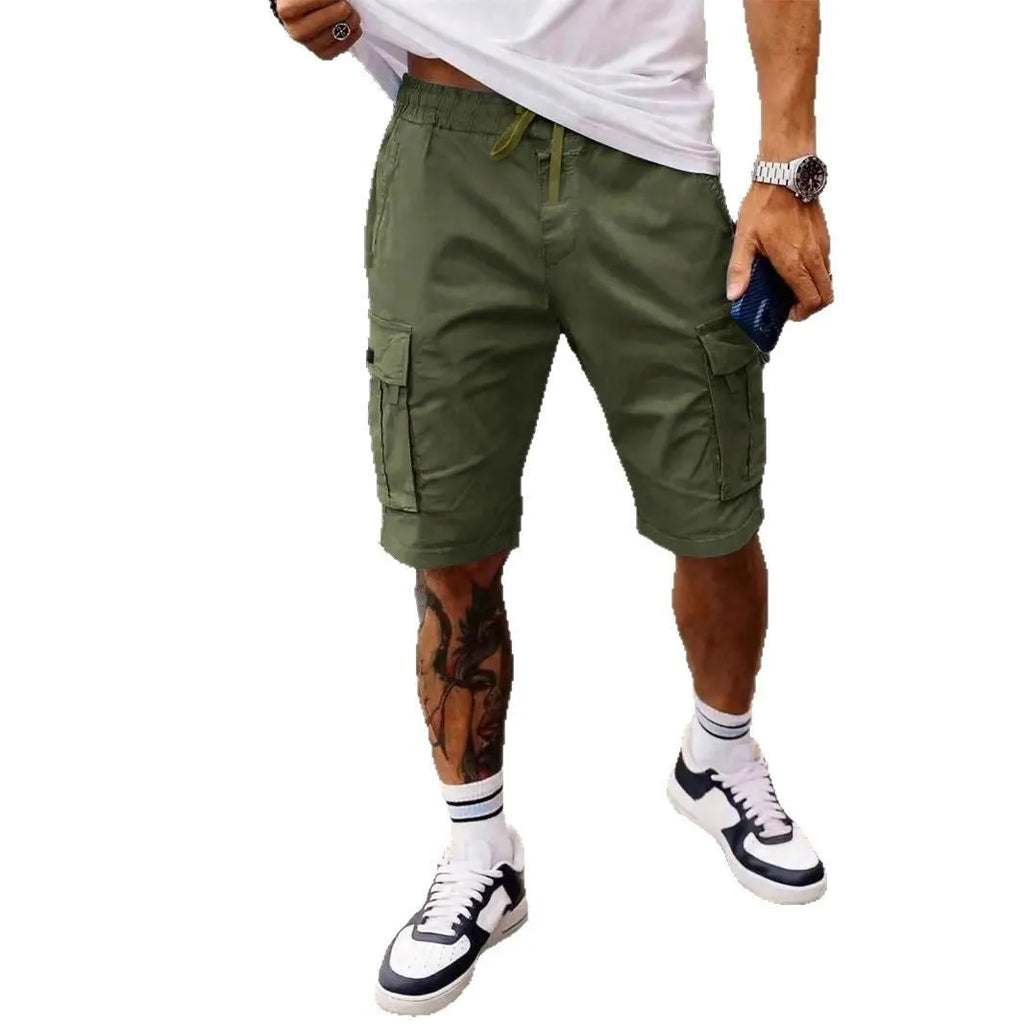 Men's straight-leg cropped workwear shorts in army green, showcasing loose fit and summer casual style.