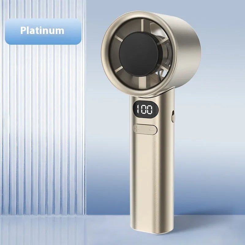 Handheld fan with variable speed control, shown in one of four colour options: green, khaki, silver, or white.