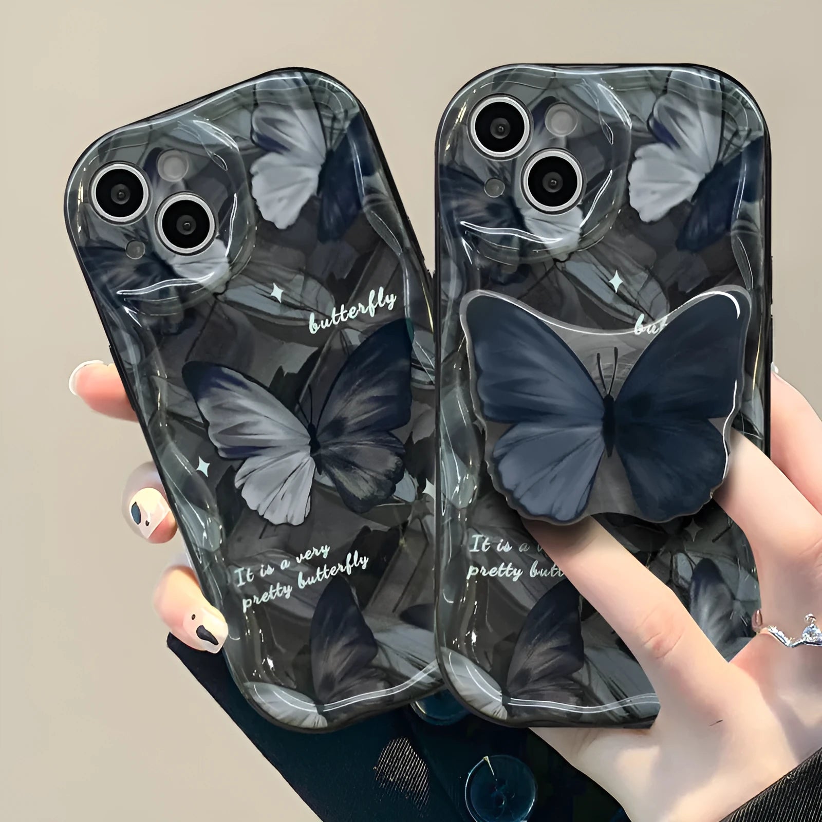Silicone phone case with butterfly bracket in black for iPhone drop protection