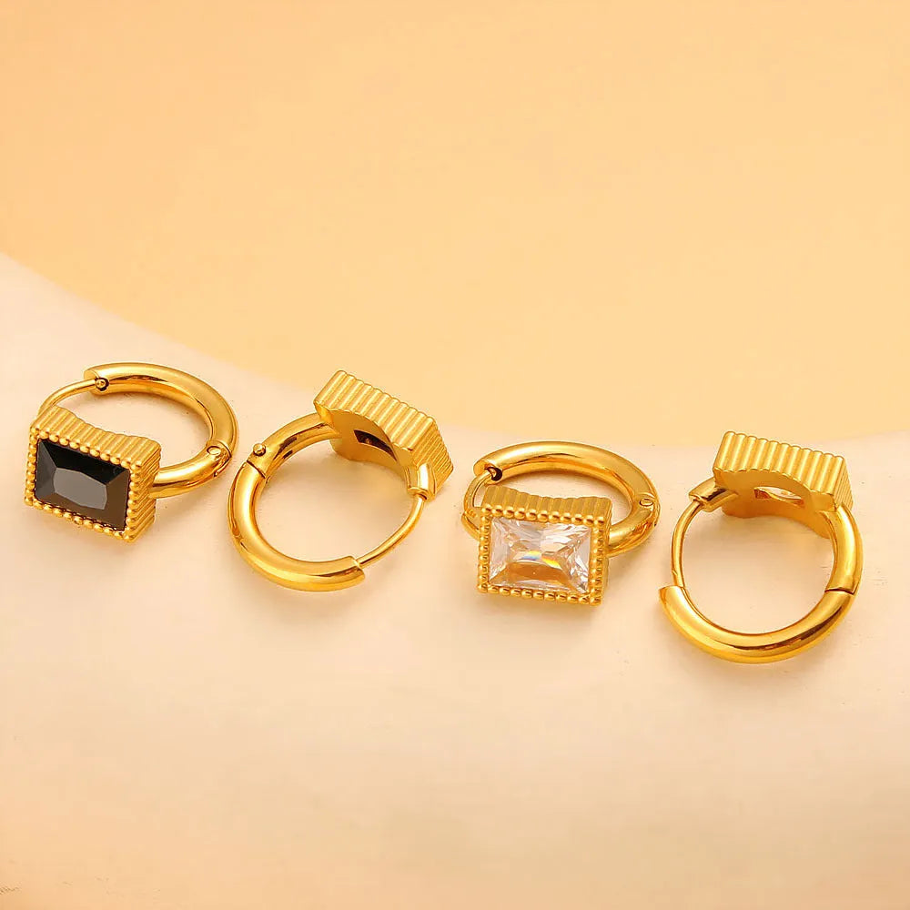 Square geometry design stainless steel earrings with a round zircon stone in black, green or white.